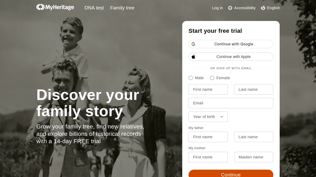 MyHeritage landing page, captured September 4, 2026