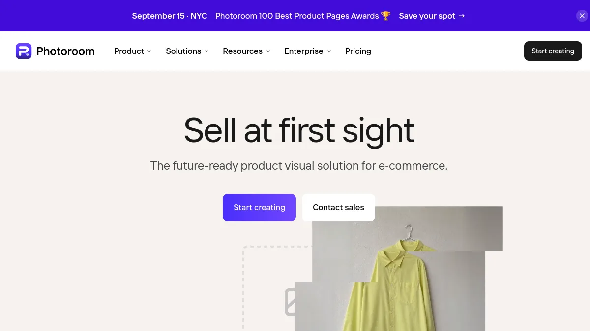 PhotoRoom landing page, captured September 4, 2026