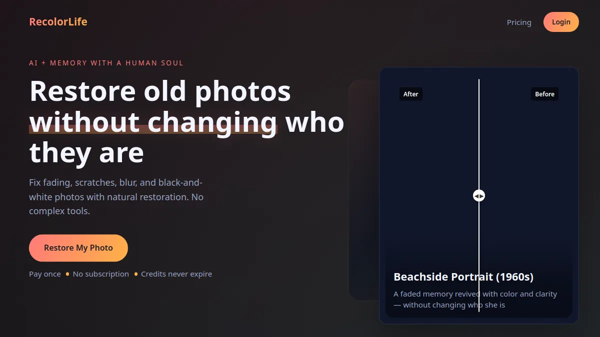 RecolorLife landing page, captured September 4, 2026